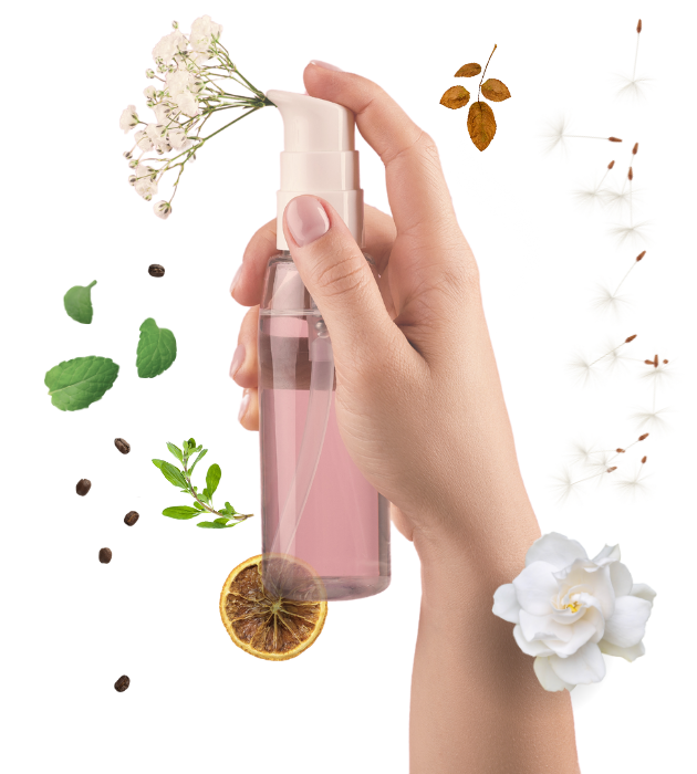 Montaje de imágenes con flores y elementos que huelen y una mano pulverizando un frasco de perfume