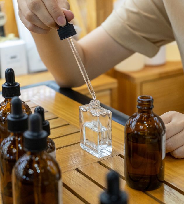 Persona haciendo esencia de aroma. Poniendo gotitas dentro de unf rasco de perfume.